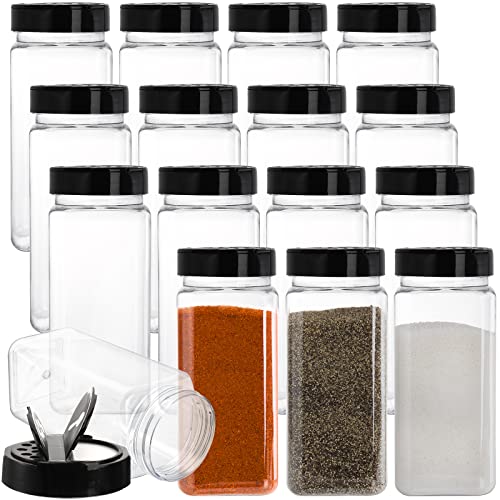Hacaroa Lot de 16 pots à épices en plastique de 600 ml avec couvercles shaker/verseur, grands récipients d'assaisonnement vides carrés transparents pour aliments secs, condiments, herbes, poudres