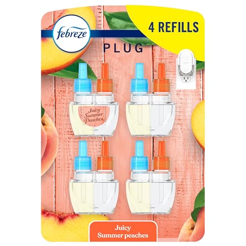 Febreze Plug In Air Freshener Odor-Fighting Scented Oil Refill Air Fresheners for Home and Bathroom and Kitchen Long Lasting for Strong Odors Juicy Summer Peaches Scent 0.87oz Refills 4 Count