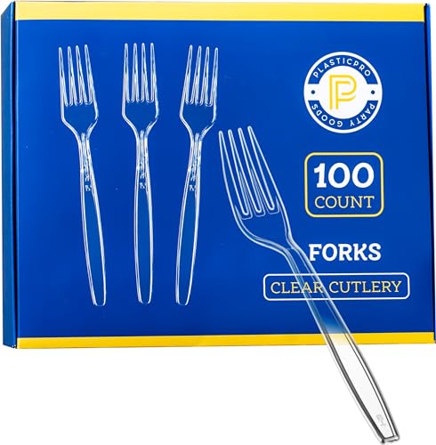 Plasticpro Disposable Clear Plastic Cutlery Disposable utensils Heavyweight 100 Count (Forks)