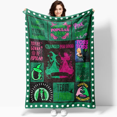 50 x 40 Witch Green Vintage Flannel Blanket Evil Gift Queen Throw Broom Elphaba Hat Glinda Magic Movie Land Blanket All Seasons Warm Cozy Soft Blanket for Sofa Bed Halloween Women Fans 1