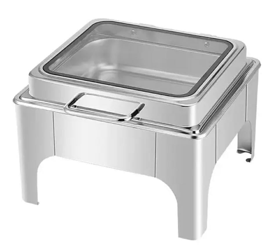 Shoppers Hub PNQ 6L Square SS Chafing Dish with Hydraulic Soft Close & Gel Based Heating for Ideal Heavy Duty Use in Caterings, Buffets & Hotels. (Size: 39x36x28cm)