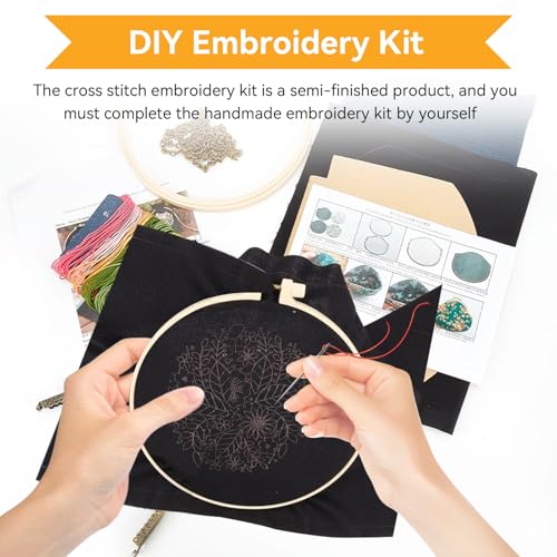 Schwarz Leinentasche Stickerei Starter Kit, Stickpackung Aus Segeltuch, Stickset Tragetasche, Canvas Tragetasche Damen, Unfertige Handgefertigte DIY-Geldbörse Mit Kussschloss Und Crossbody-Kette
