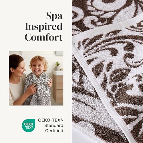 Image of Modern Threads 6 Piece Bath Towel Set - Bathroom Set with 2 Bath Towels, 2 Hand Towels, and 2 Wash Cloths - 100% Cotton, Super Absorbent & Extra Soft - Reversible Botanical Vine (Taupe Brown)