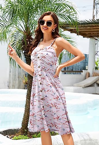 Image of Women's Summer Casual Dress Florals Buttons Down Ruched Sweetheart Neck Sleeveless Midi Sundress