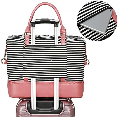 BLUBOON Weekender Overnight Bag Women Ladies Carry-on Tote Canvas Travel Duffle Bag with Shoe Compartment in Trolley Sleeve (289 Pink -black stripe) 2 BLUBOON Weekender Overnight Bag Women Ladies Carry-on Tote Canvas Travel Duffle Bag with Shoe Compartment in Trolley Sleeve (289 Pink -black stripe)