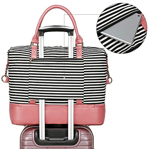 BLUBOON Weekender Overnight Bag Women Ladies Carry-on Tote Canvas Travel Duffle Bag with Shoe Compartment in Trolley Sleeve (289 Pink -black stripe)
