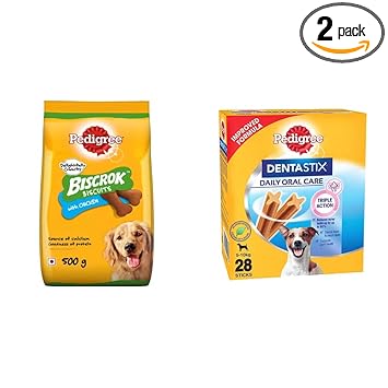 Pedigree Biscrok Biscuits Valentines Gift Dog Treat (Above 4 Months) Chicken Flavour, 500g Pack and Dentastix Small Breed (5-10 kg) Oral Care Dog Treat (Chew Sticks) (28 Sticks) 440g y