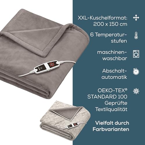 Beurer HD 150 XXL Heizdecke, elektrische Wärmedecke mit Abschaltautomatik, 200 x 150 cm, 6 Temperaturstufen, maschinenwaschbar, Kuscheldecke, taupe