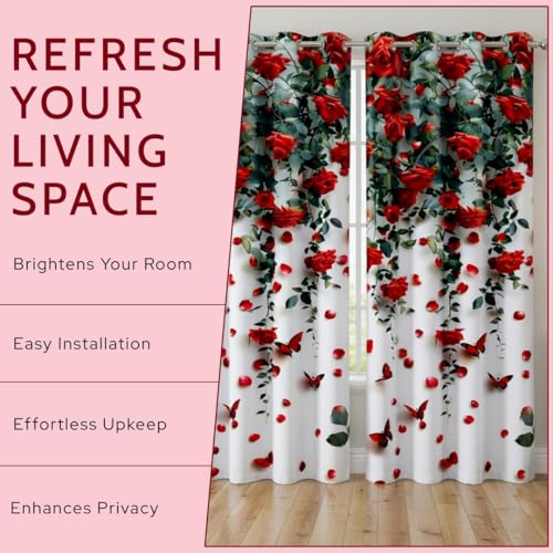 Image of Digital Printed Curtain with Pink Rose and Butterfly Design, 7 Feet, Grommet Top, White (4, Rose, 7 Feet)