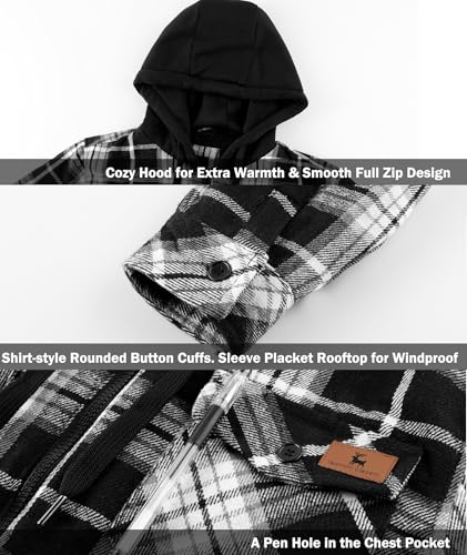 Image of V VALANCH Men's Flannel Shirt Jacket with Hood Fleece Lined Plaid Jacket Zip Up Winter Warm Coat