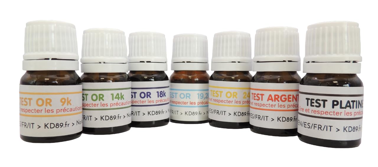 Test de Oro - ¡Kit de 7 para probar metales! ¡Determine el título de sus joyas de oro (9k, 14k, 18k, 19.2k, 24k)! + Prueba de platino y plata! Piedra de toque incluida