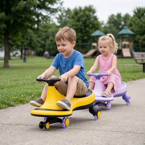 Image of HONEY JOY Wiggle Car, 2 in 1 Swing Car for Kids, LED PU Flashing Wheels, No Batteries, Gears or Pedals, Uses Twist, Turn, Ride On Toy for Toddlers Boys Girls(Yellow)