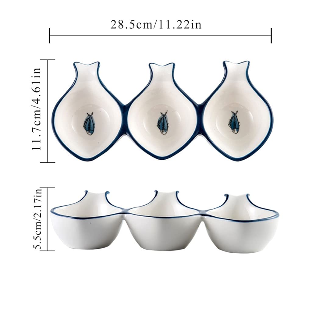 Dipschüsseln, 3 Fächer, Saucenschale, Sojasaucenschale mit Griff, Keramik-Dipschüssel-Set, geteilte Servierschüssel für Würze, Vorspeise, Salat, Sauce, Abendessen, Party, Vorspeisenteller, Küchenuten