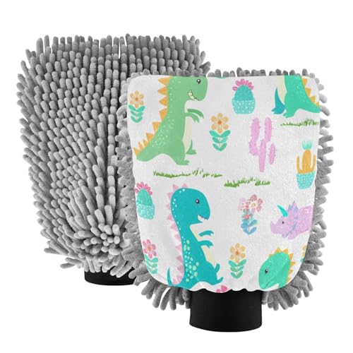 Kigai Cute Dinosaur Car Wash Mitt Microfiber, 2Pcs Scratch Free Lint-Free, Premium Chenille Microfiber Mitt Car Wash Brush-M