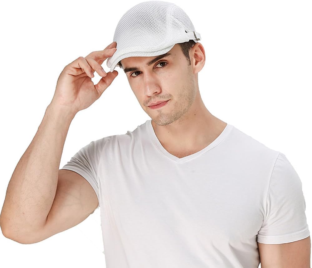 Quanhaigou Men's Mesh Cap Breathable Summer Newsboy Hat Adjustable Beret Ivy Cap Cabbie Flat Hats
