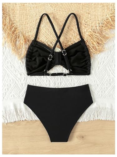 Image of OYOANGLE Girl's 2 Piece 3D Rose Swimsuit Criss Cross Backless High Waisted Swimwear Bathing Suits Black 5Y