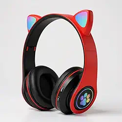 Fone de Ouvido Infantil Bluetooth com Orelhas de Gato, Luzes RGB, Dobrável, Ajustável, Conforto Prolongado e Conectividade Multiuso (Vermelho)
