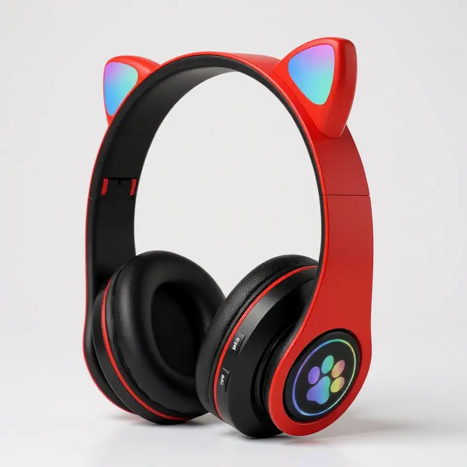 Fone de Ouvido Infantil Bluetooth com Orelhas de Gato, Luzes RGB, Dobrável, Ajustável, Conforto Prolongado e Conectividade Multiuso (Vermelho)