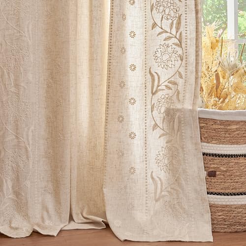 Image of jinchan Beige Floral Linen Curtains for Living Room 84 inch Back Tab 2 Panels