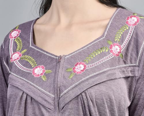 Image of Noty Women's Maternity - Feeding - Nighty | Full Sleeves | Floral Print Maxi | Embroidery Work On Neck with Zip Closure