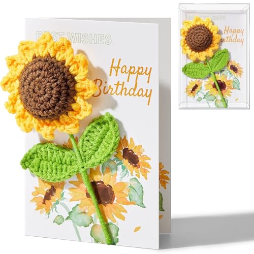 Ovesmusl Birthday Card for Women Handmade Crochet Sunflower for Her Birthday Gifts Happy Birthday Cards with Knitted Flowers for Girls, Friends