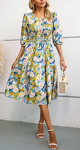 Image of Kormei Women Casual Boho Floral Round Neck 3 /4 Sleeve Smocked Waist Tiered A Line Flowy Swing Midi Dress Long Dresses
