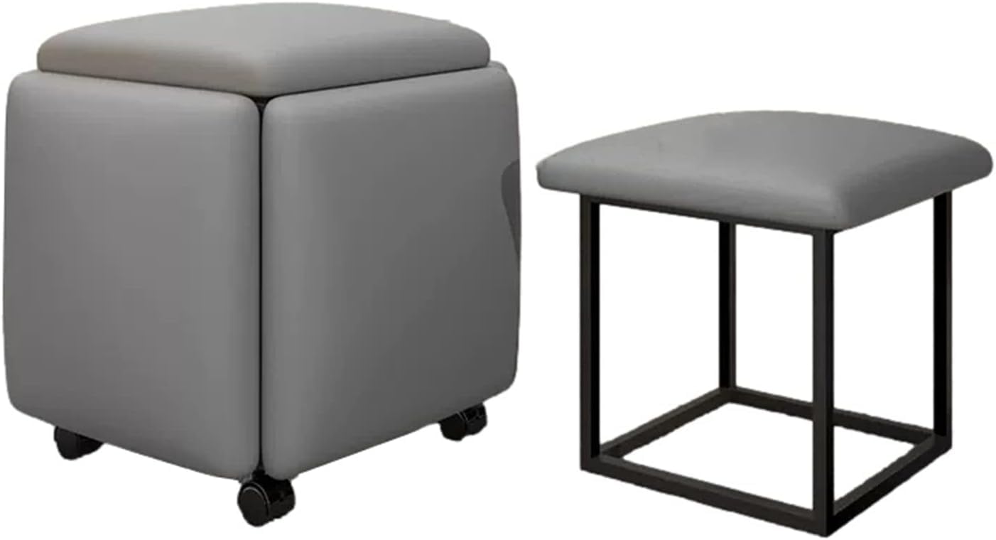 Home Stool Set Modern Ottomans Set of 5 Backless Rubik's Cube Chairs with Wheels Stackable Bar Stool for Living Room,Dinning,Kitchen (Leather-Grey)