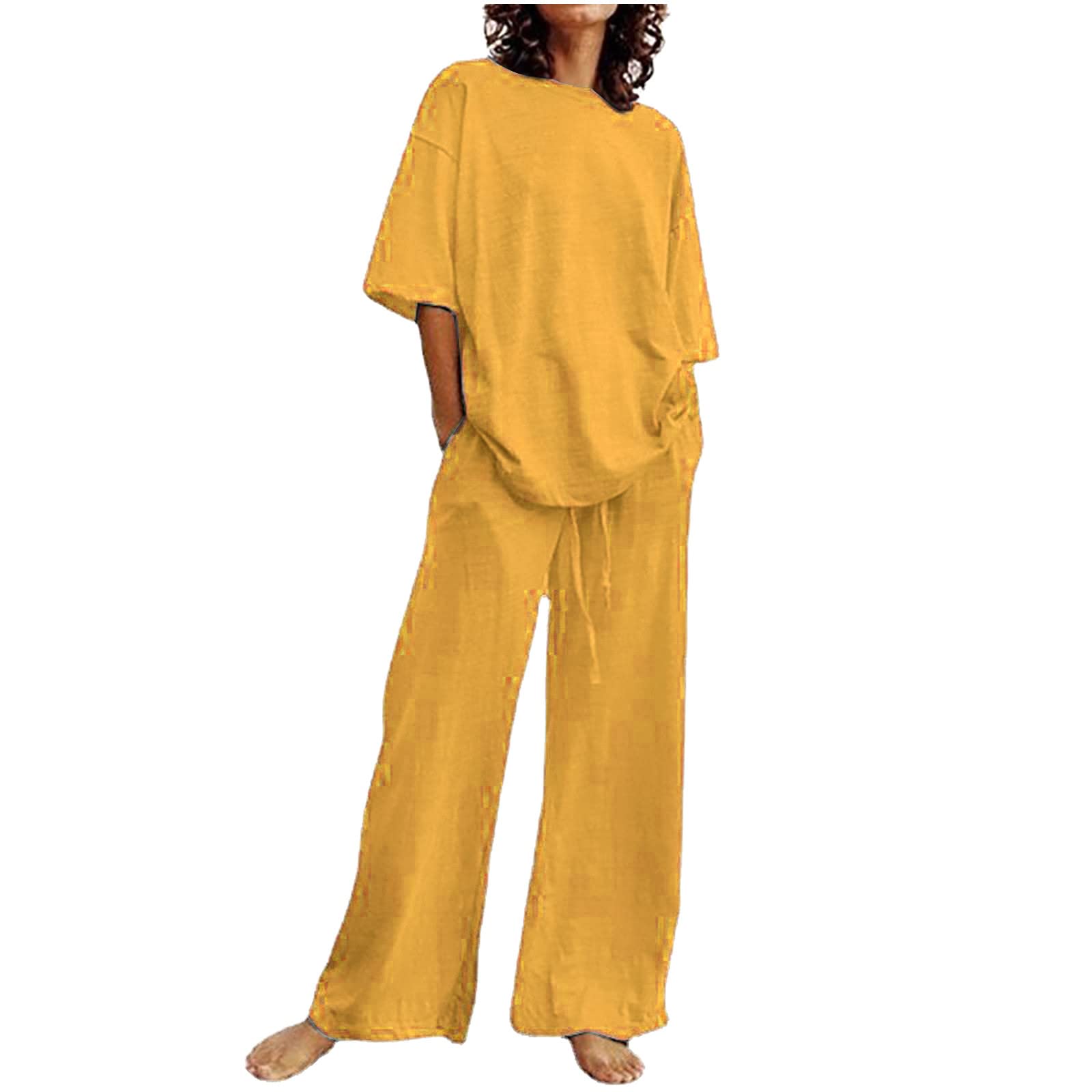 2 Piece Sets for Women Summer Oversized Short Sleeve Tops with Drawstring Loose Pants Casual Loungewear Set