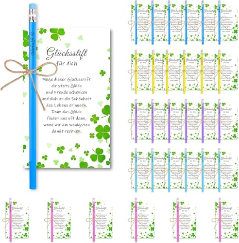 Charfia 30 Sets Glücksstift Bleistifte mit Glückskarte-Glücksstift Holzbleistifte Set HB Bleistift Dreikant Mehrfarbig Glücksbringer Prüfung Graphitstift für Schreibhilfe von Schule Büro
