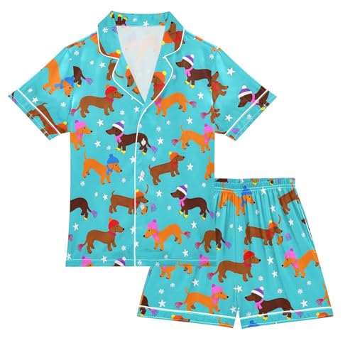Cute Dachshund Hats Pattern Summer Satin Pajama Set, Cute Button-Down Sleepwear Pj Set for Sleep Wears