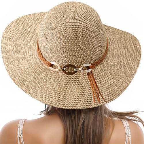 Image of Beach Hats for Women - Sun Hat Womens, Wide Brim Straw Womens Sun Hat Roll Up Foldable Summer Wind Lanyard UPF 50+ Khaki