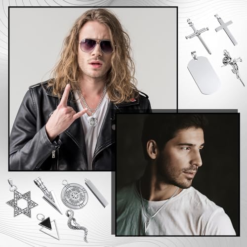Patelai 20 Pcs Stainless Steel Necklaces for Men Sliver Cross Hexagram Chain Pendant Nail Rose Snake Pendant Chain Necklace Set for Men3