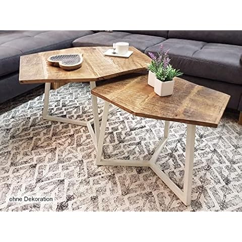 casamia Couchtisch Set 2 Stück Wohnzimmer Tisch Satztisch Paris Metall-Gestell schwarz weiß oder Altsilber Farbe reinweiß - Tabacco Cover