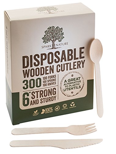 Disposable Sturdy Wooden Cutlery Set | 300 pieces 100% Biodegradable, Eco-Friendly Natural Wooden Utensils, 6” Length, 100 Forks, 100 Spoons and 100 Knives by Spark Nature Silverware| Eco-Friendly Box