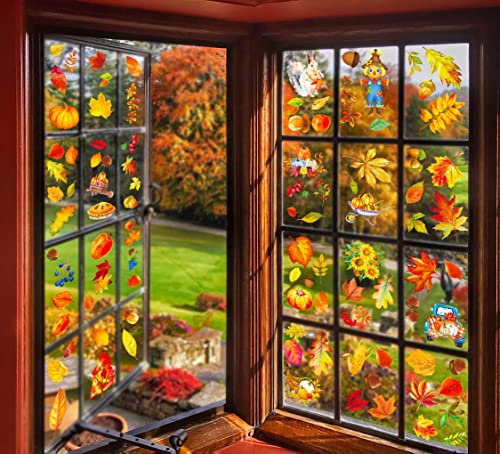 350PCS Fall Decor Thanksgiving Window Clings - Fall Decorations for Home Autumn Leaves Turkey Decals Party Supplies