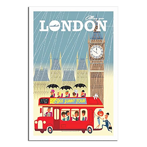 ZHBIN Poster de voyage vintage sur toile avec cloche de Londres et bus - Décoration murale moderne pour chambre à coucher, bureau, décoration murale, affiches décoratives Cover