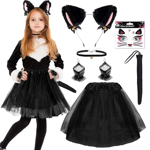 Disfraces de gato para niñas, disfraz de gato para niños con tutú negro,orejas de gato,cola de gato y collar con cascabel,mangas de encaje,disfraz de gato,para Halloween,Carnaval,cosplay (Falda 1)