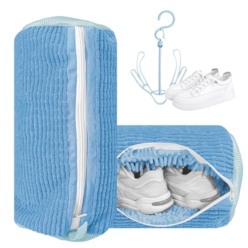 Reusable Shoe Washing Bag with Hanging Hook – Blue & White Mesh Laundry Bag for Trainers, Sneakers & Delicates – Zipper Closure – Machine & Dryer Safe – 1 Pack by GlowAli