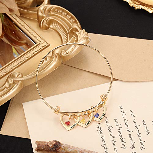 Custom Name Bracelets With 3 Hearts Simulated Birthstones Free Engraved Personalized Bangle Bracelets For Women Girls (Gold-2Names) #TOP3