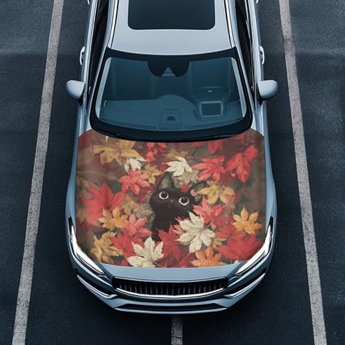 Image of Maple Leaf Cat Car Hood Cover All Weather Protection Auto Exterior Accessories Universal Fit Hood Covers for Cars, Trucks, SUV, or Van Full Coverage Thanksgiving Decor