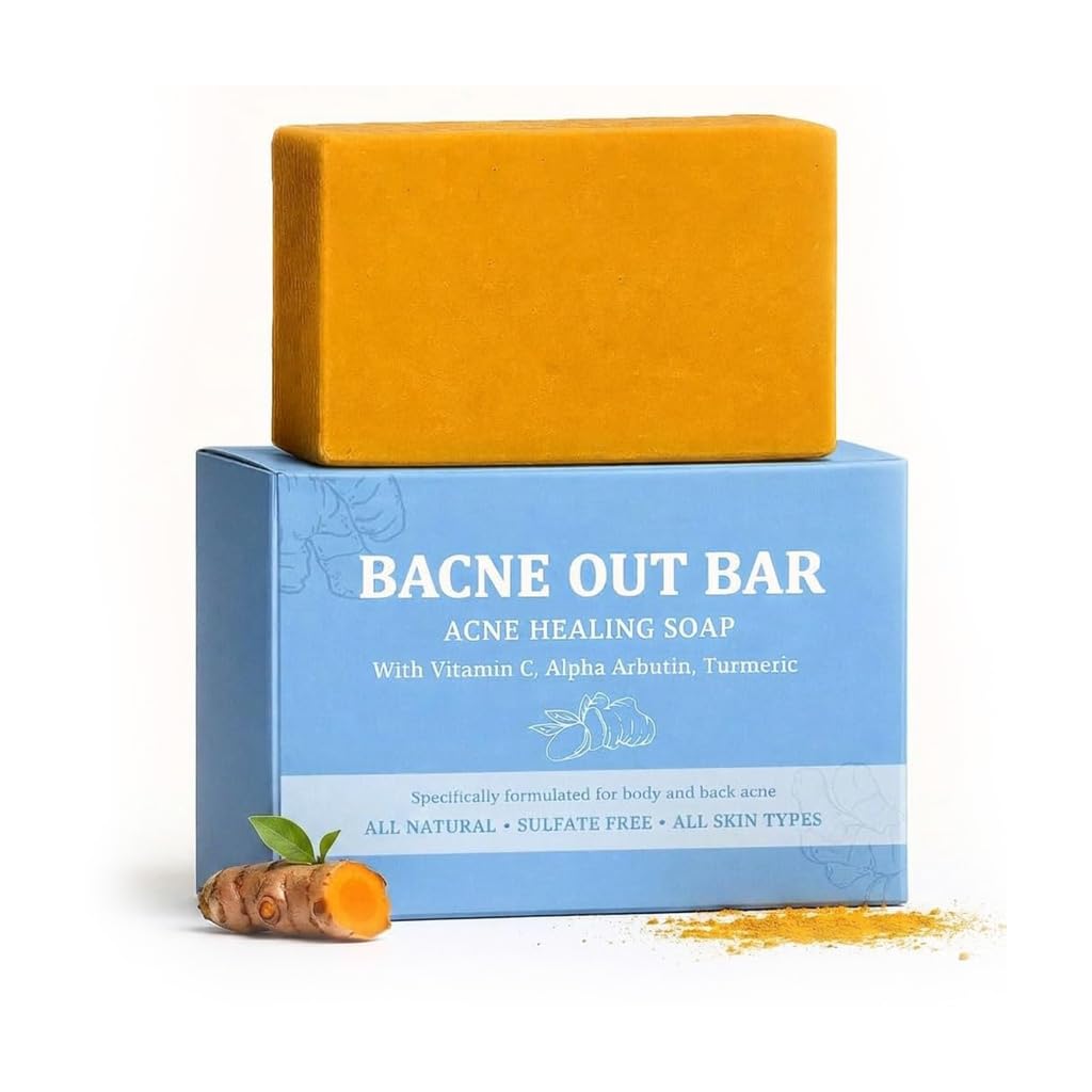 Bacne Out Bar, Acne Healing Soap with Turmeric Vitamin C & Alphaarbutin, Natural Exfoliating Cleanser for Back, Face, Chest, Shoulders