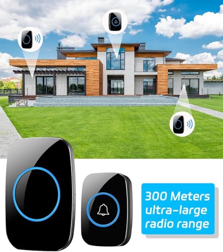 Image of YAYUSI Waterproof Wireless Doorbell, Door Bell 1 Transmitter and 2 Receiver, 5 Volume Levels, Silent Mode, 60 Melodies, 300 Meters Range LED Indicator for Home, Offices, Hotels