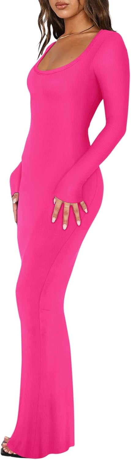 REORIA Womens Basic Sexy Square Neck Long Sleeve Soft Lounge Long Dress Fall Casual Ribbed Bodycon Maxi Dresses - Image 2