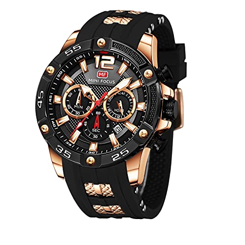 Mini Focus Men Watches Unique Casual Wrist Watches (Chronograph/Waterproof/Luminous/Calendar/24 Hours) Silicon Band Fashion Watches for Men (Black-Golden)