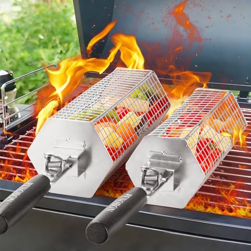 Hexagonal Rolling Grilling Basket Set, 2 PCS Stainless Steel BBQ Grill Baskets with Removable Wooden Handles, Large & Small Nestable Design for Outdoor Camping, Ideal for Vegetables, Meat & Seafood on Gas/Charcoal Grill