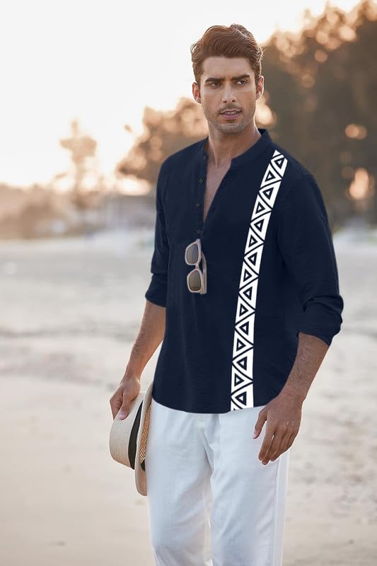 Image of FINIVO FASHION Men's Short Kurta with Printed Geometric Side Panel | Cotton Blend Full Sleeve Ethnic Topwear with Mandarin Collar | Stylish Indo-Fusion Kurta for Daily, Festive, or Casual Wear