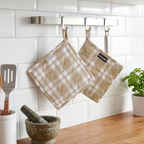 Image of Encasa XO Oven Microwave Pot Holders Trivets 21 cm (2 pc) for Kitchen Cooking & Baking - Heat Resistant, Thick & Safe, Protection of Hands from Hot Utensils, Grill, BBQ - Franca Beige Checks