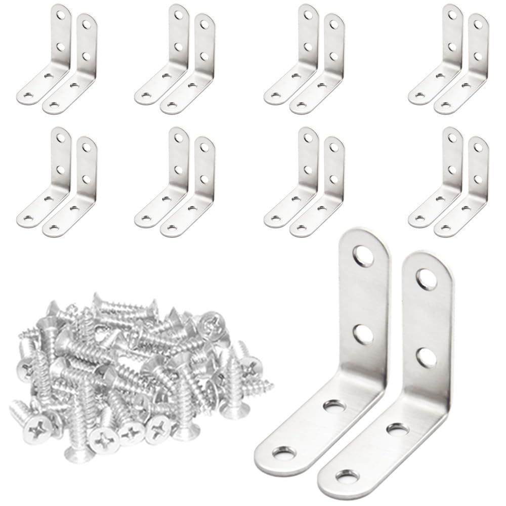 Hocansen Silver 20 Pcs Corner Bracket 50X50mm L Right Angle Brackets With Screw Stainless Steel 90 Degree Angle Support Corner Brace Brackets Fastener For Tables Wood Furniture(50X50mm/Jm)