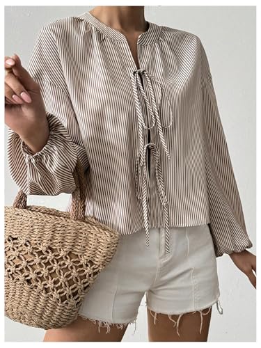 SweatyRocks Women's Striped Bow Long Sleeve Shirts Tie Front Loose Blouse Going Out Tops3