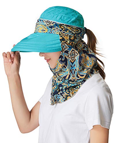 icolor Women Sun Hats UPF 50 Sun Protection Hat Summer Outdoor Neck Shield Flap Visor Hat Ponytail Hats Wide Brim Beach Hat (Sky Blue)